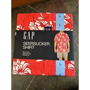 Gap Men Short Sleeve Seersucker Shirt L Cayenne Flower Fill New Red Relaxed